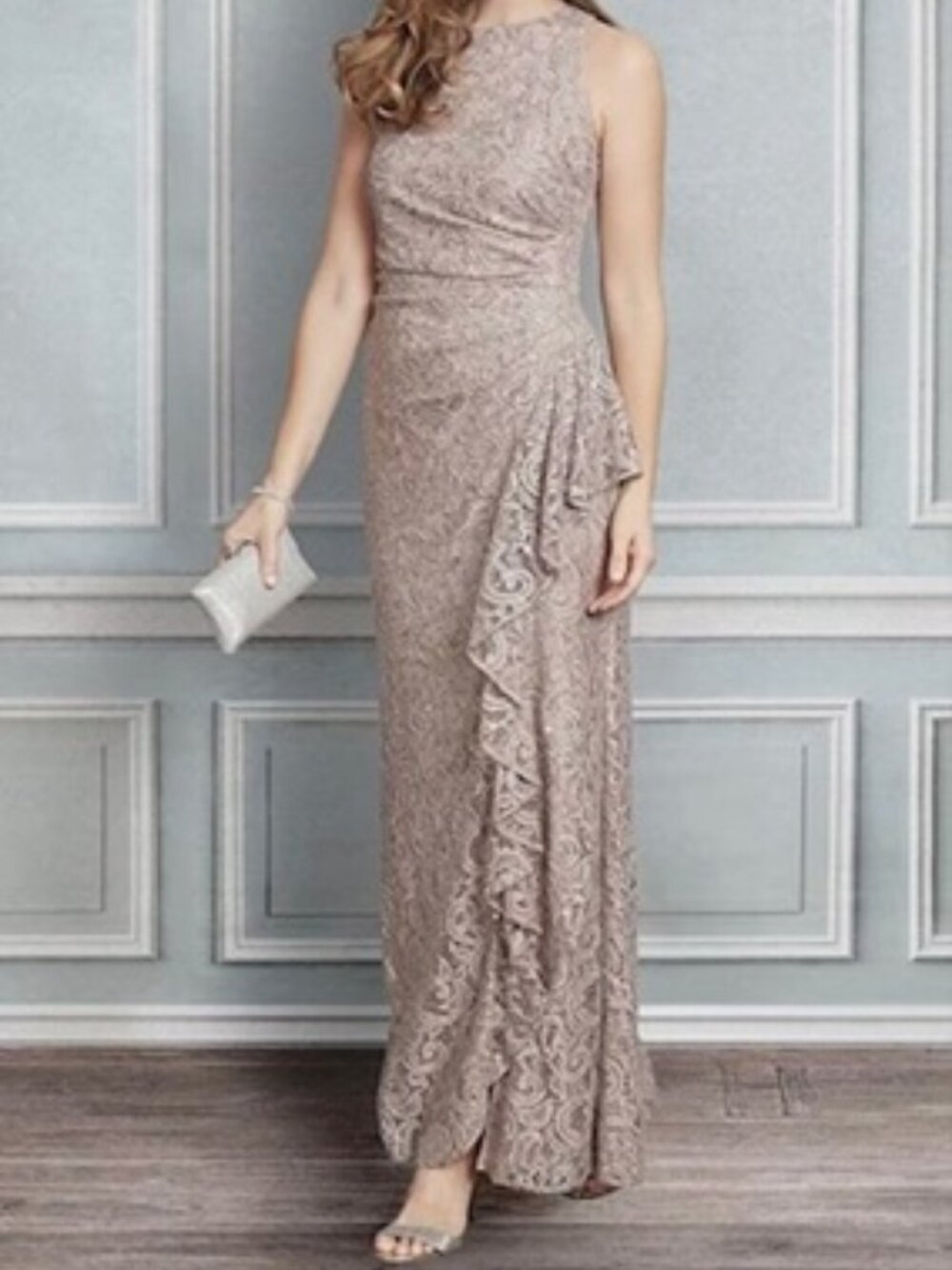 Alex Evenings Cascade Ruffle Gown Dress Petite 10P - Buff / Taupe New With Tags